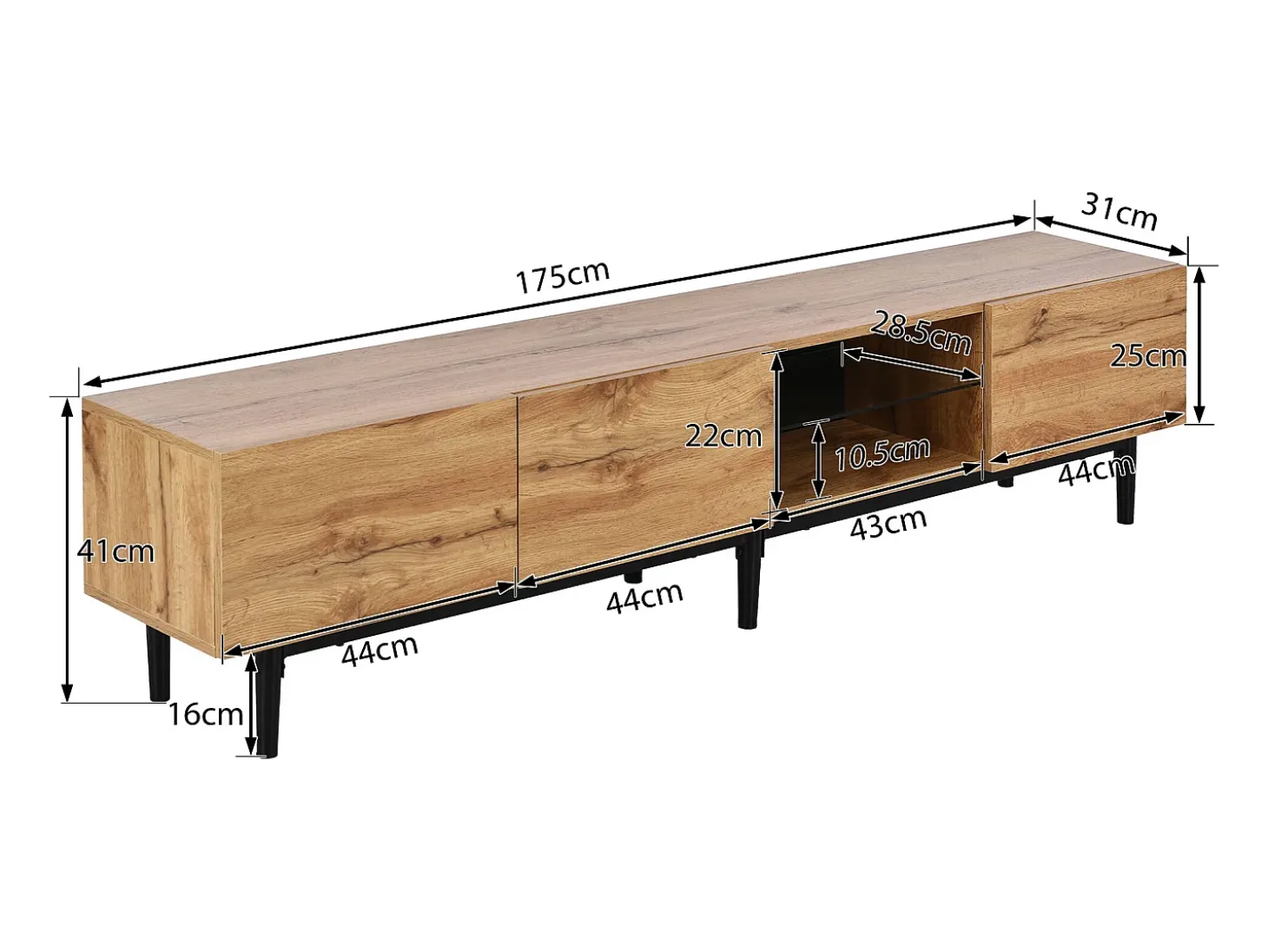 Mueble TV con 3 puertas, 2 nichos y LED, cuerpo en madera veteada natural clara, patas negras