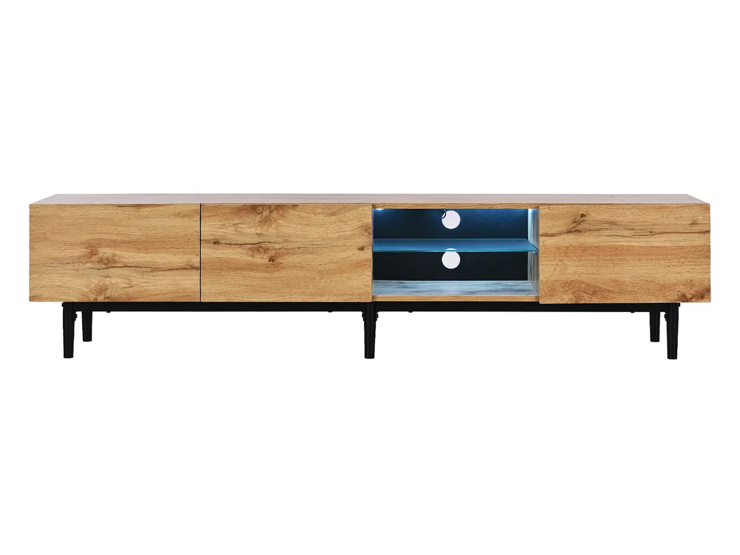 Mueble TV con 3 puertas, 2 nichos y LED, cuerpo en madera veteada natural clara, patas negras