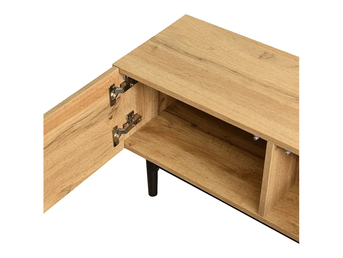 Mueble TV con 3 puertas, 2 nichos y LED, cuerpo en madera veteada natural clara, patas negras