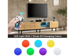 Mueble TV con 3 puertas, 2 nichos y LED, cuerpo en madera veteada natural clara, patas negras