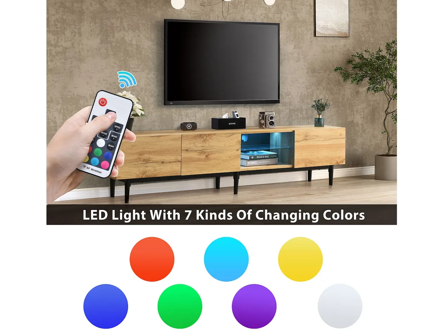 Mueble TV con 3 puertas, 2 nichos y LED, cuerpo en madera veteada natural clara, patas negras