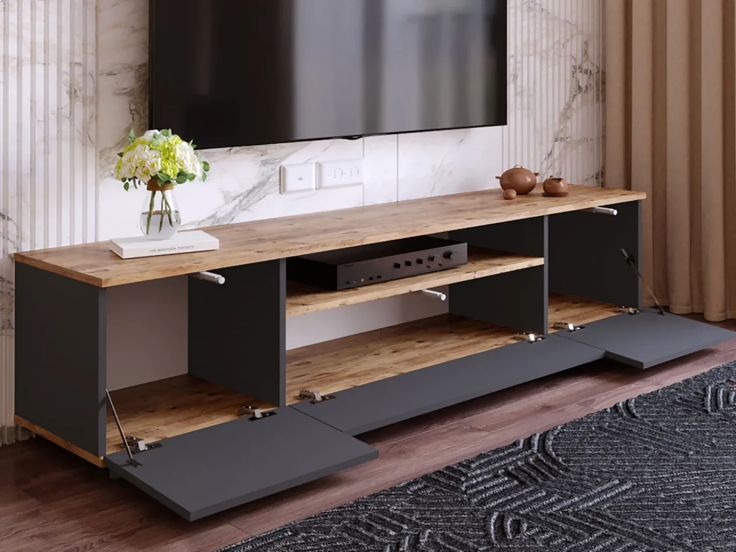 Mueble TV con 3 puertas y 1 hueco - Antracita y natural - LOTULA