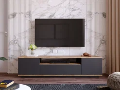 Mueble TV con 3 puertas y 1 hueco - Antracita y natural - LOTULA