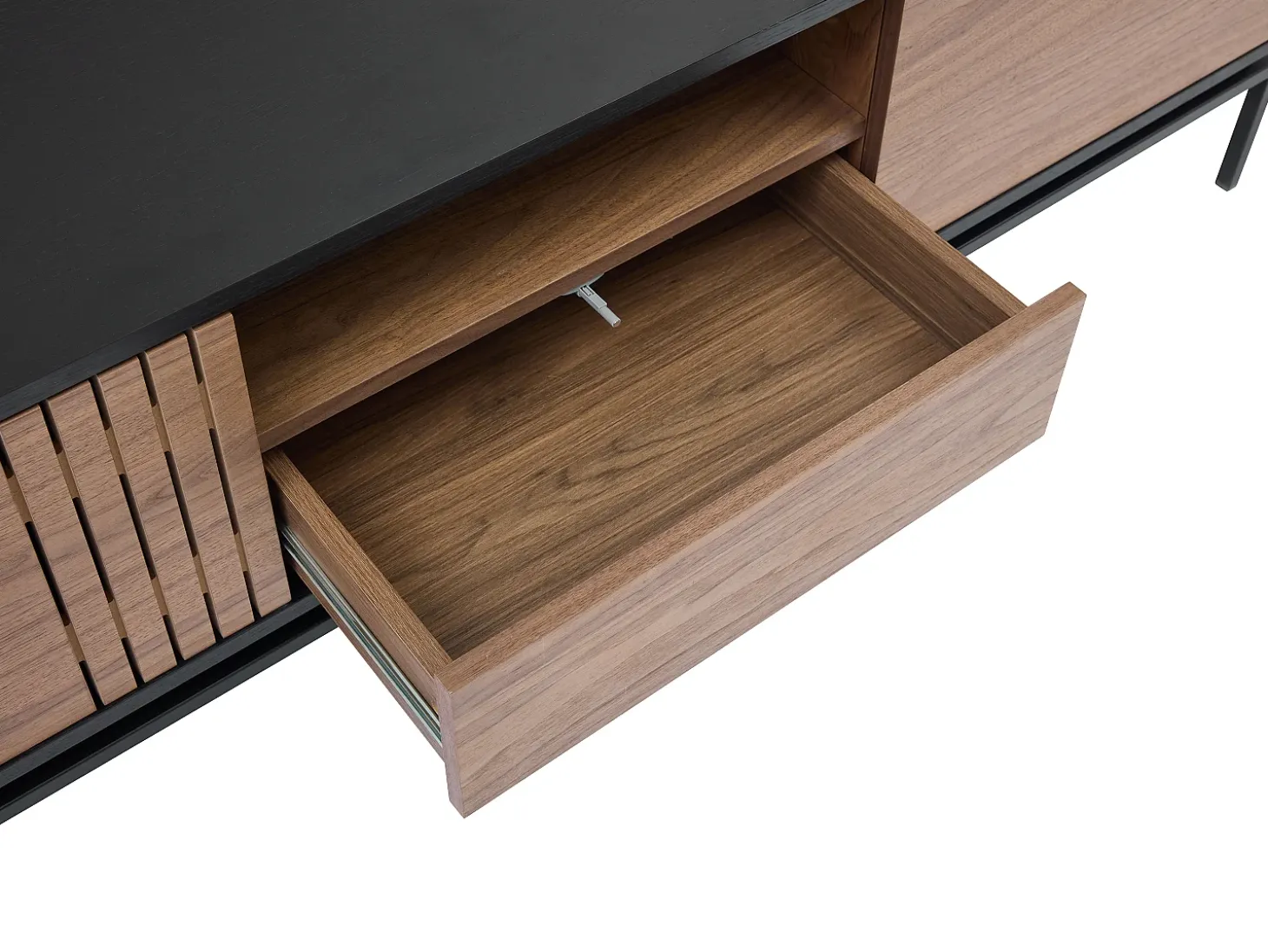 Mueble TV con almacenamiento chapa de nogal y metal - Natural oscuro y Negro - ZINORI