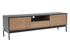 Mueble TV con almacenamiento chapa de nogal y metal - Natural oscuro y Negro - ZINORI
