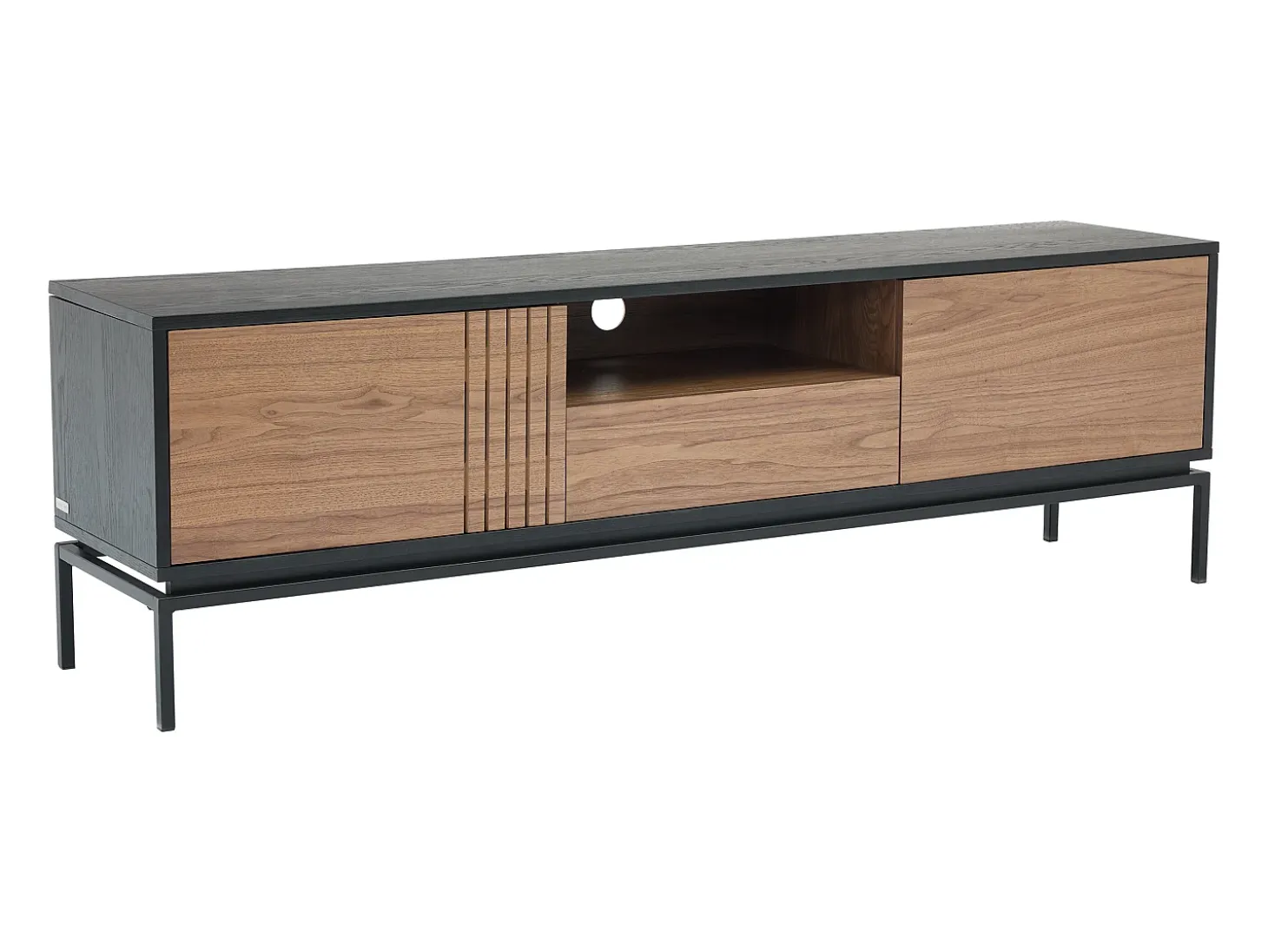 Mueble TV con almacenamiento chapa de nogal y metal - Natural oscuro y Negro - ZINORI