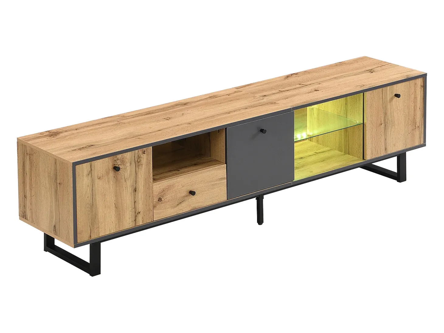 Mueble TV con iluminación LED, 3 puertas y cajón - Patas de metal - Natural claro y gris