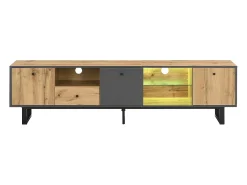 Mueble TV con iluminación LED, 3 puertas y cajón - Patas de metal - Natural claro y gris