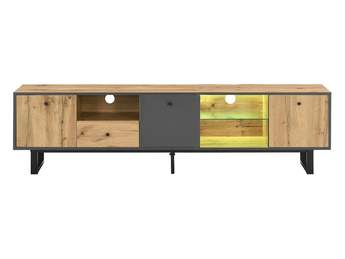 Mueble TV con iluminación LED, 3 puertas y cajón - Patas de metal - Natural claro y gris