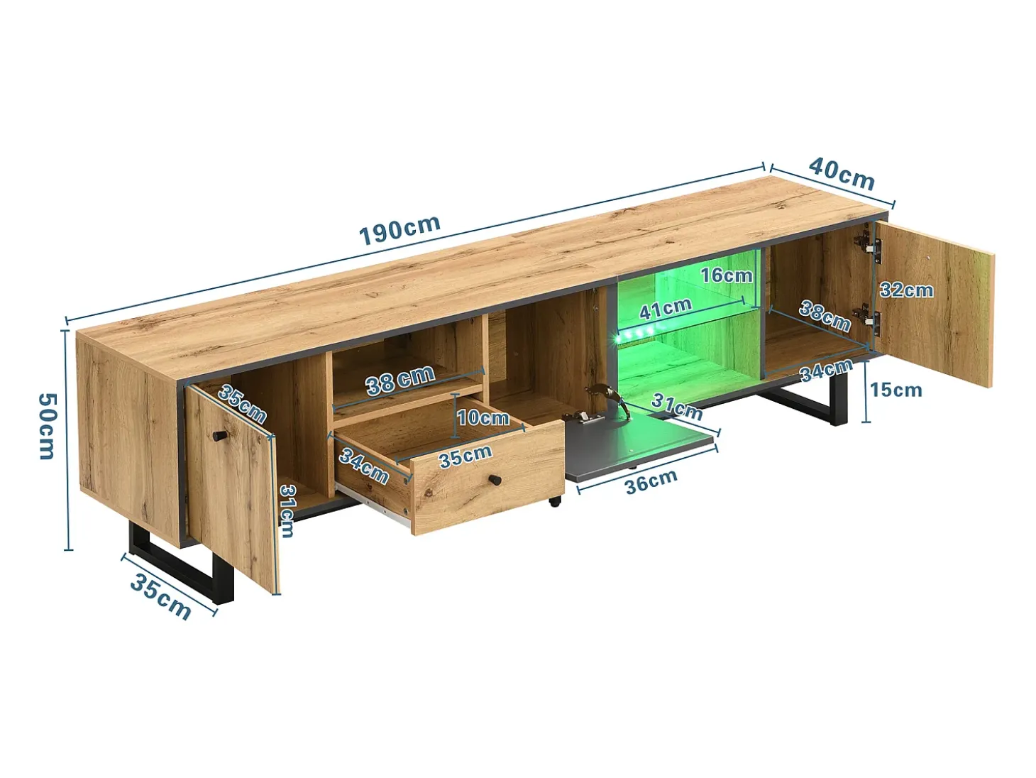 Mueble TV con iluminación LED, 3 puertas y cajón - Patas de metal - Natural claro y gris