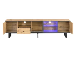 Mueble TV con iluminación LED, 3 puertas y cajón - Patas de metal - Natural claro y gris