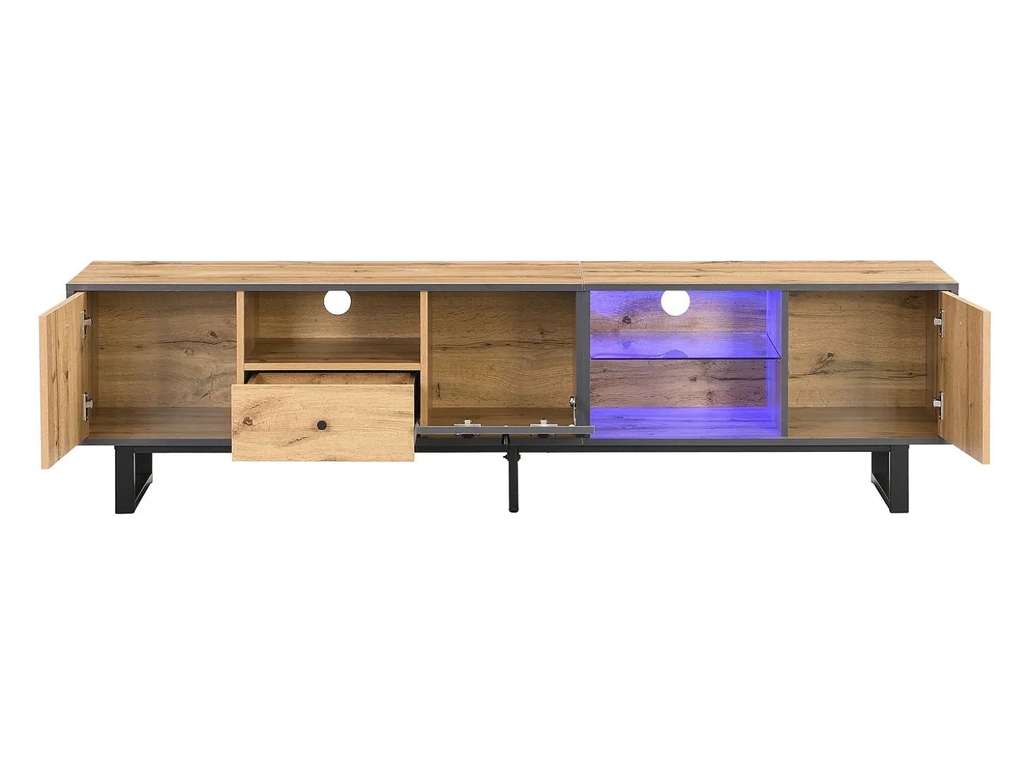 Mueble TV con iluminación LED, 3 puertas y cajón - Patas de metal - Natural claro y gris