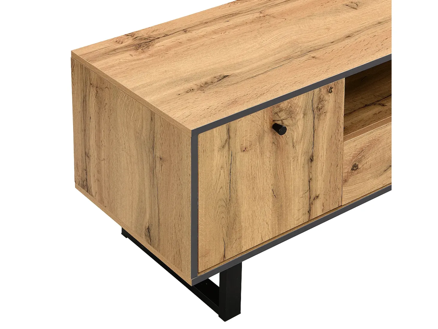 Mueble TV con iluminación LED, 3 puertas y cajón - Patas de metal - Natural claro y gris