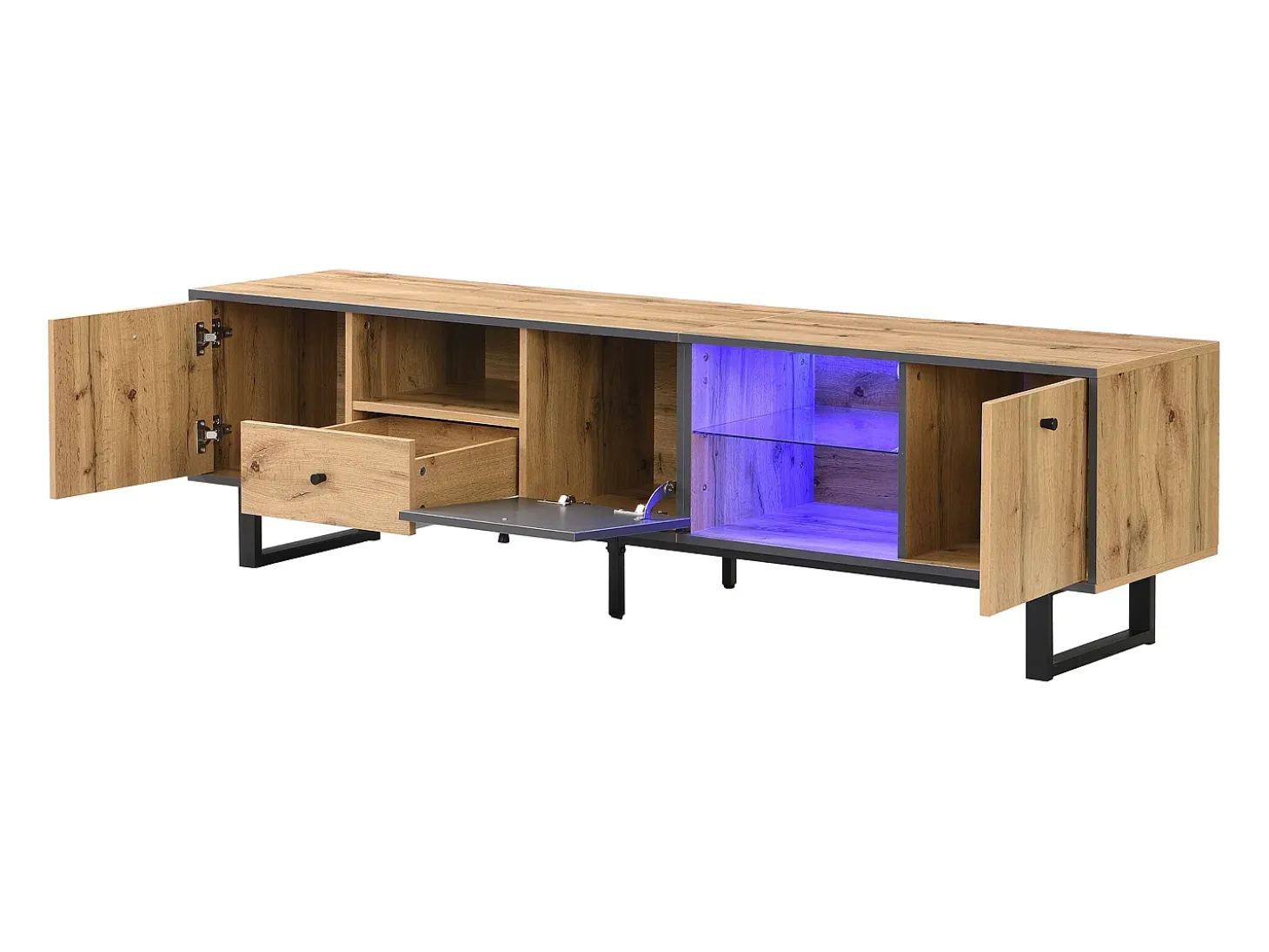 Mueble TV con iluminación LED, 3 puertas y cajón - Patas de metal - Natural claro y gris