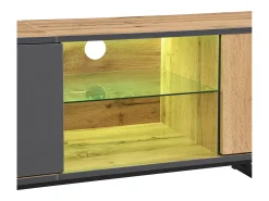 Mueble TV con iluminación LED, 3 puertas y cajón - Patas de metal - Natural claro y gris
