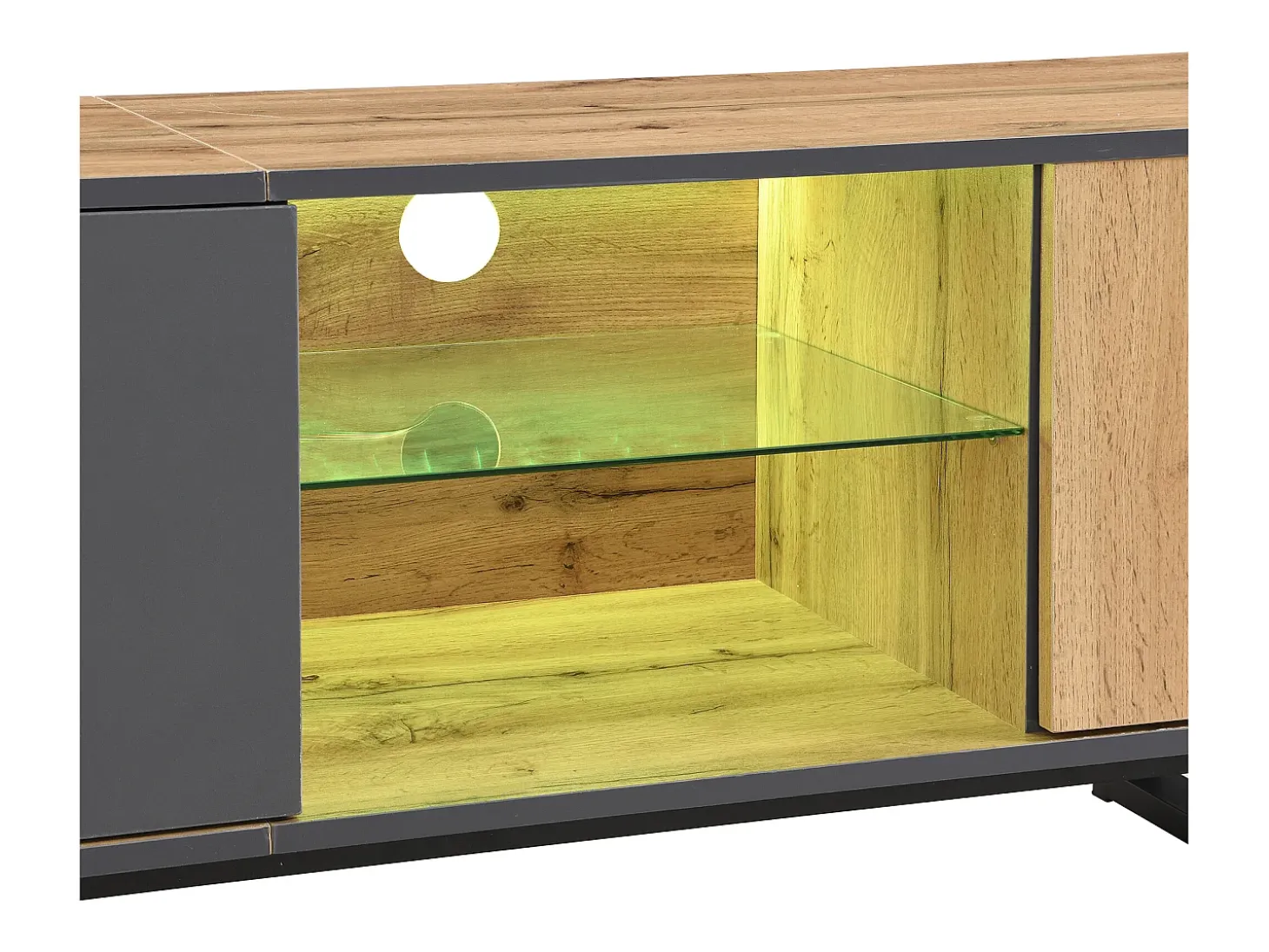Mueble TV con iluminación LED, 3 puertas y cajón - Patas de metal - Natural claro y gris