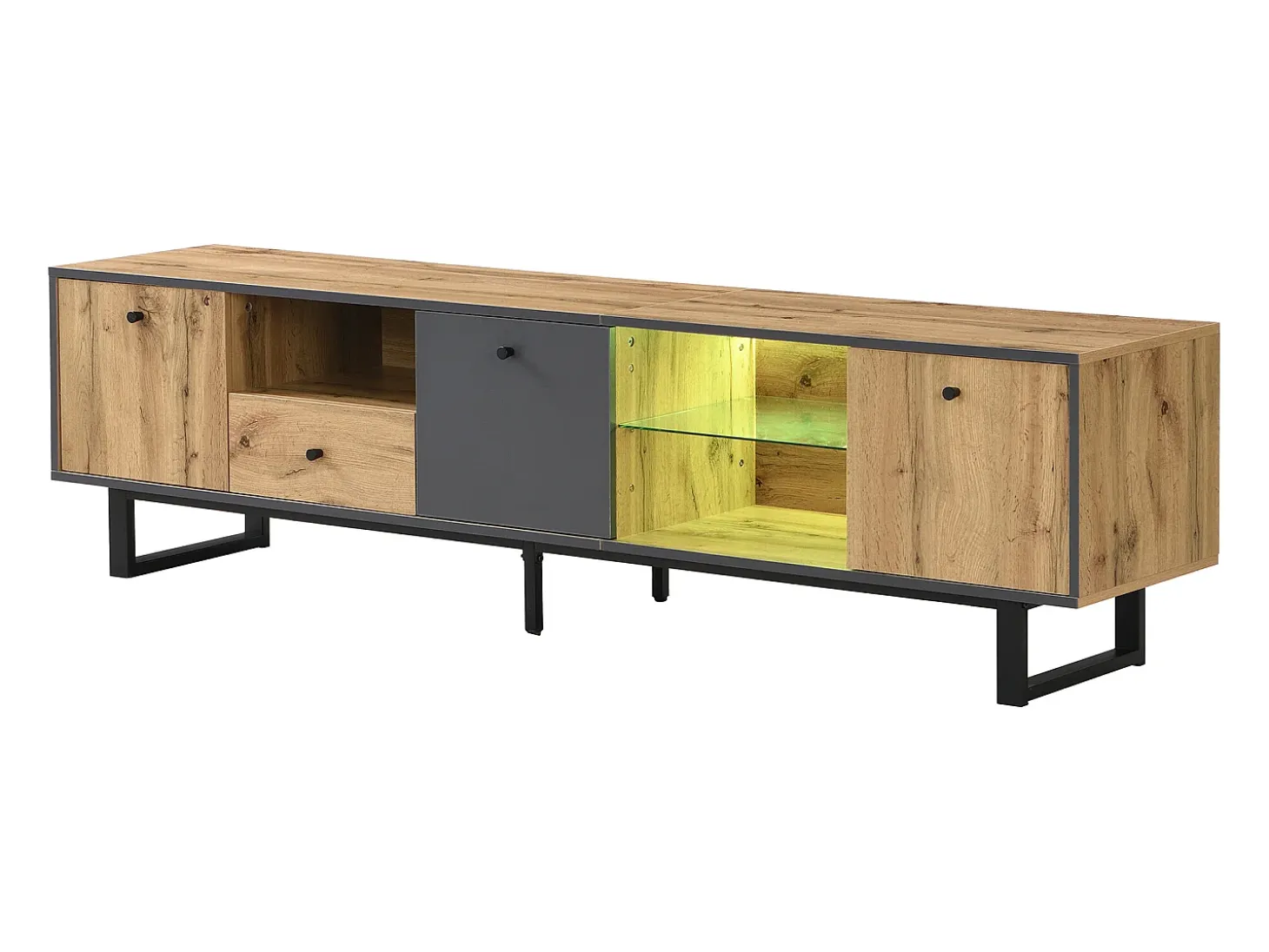 Mueble TV con iluminación LED, 3 puertas y cajón - Patas de metal - Natural claro y gris