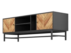 Mueble TV de 150 cm con 2 puertas y 3 compartimentos - Tablero de partículas y metal - Color negro y natural