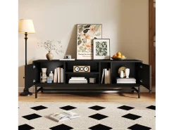 Mueble TV de 150 cm con 2 puertas y 3 compartimentos - Tablero de partículas y metal - Color negro y natural