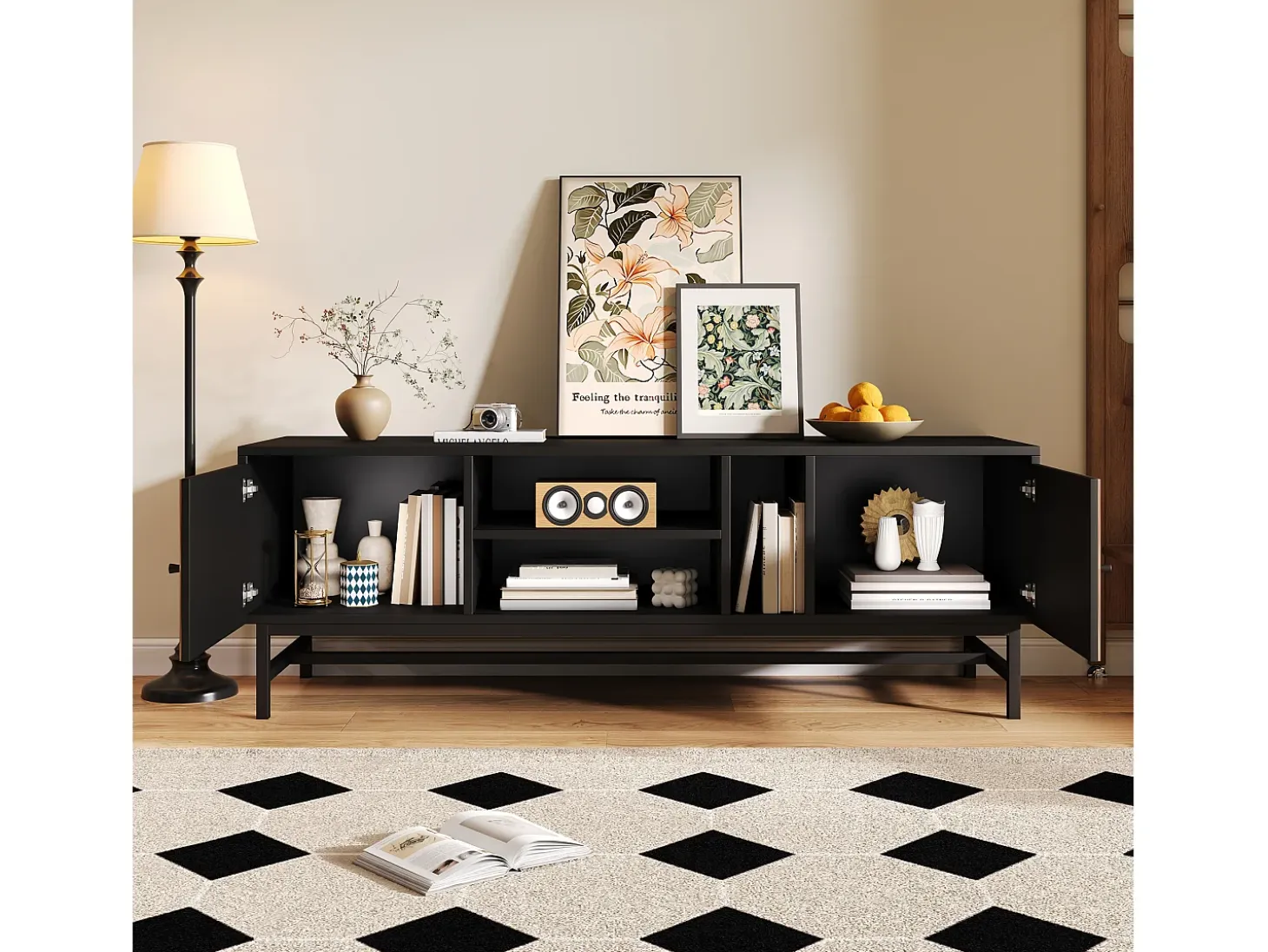 Mueble TV de 150 cm con 2 puertas y 3 compartimentos - Tablero de partículas y metal - Color negro y natural