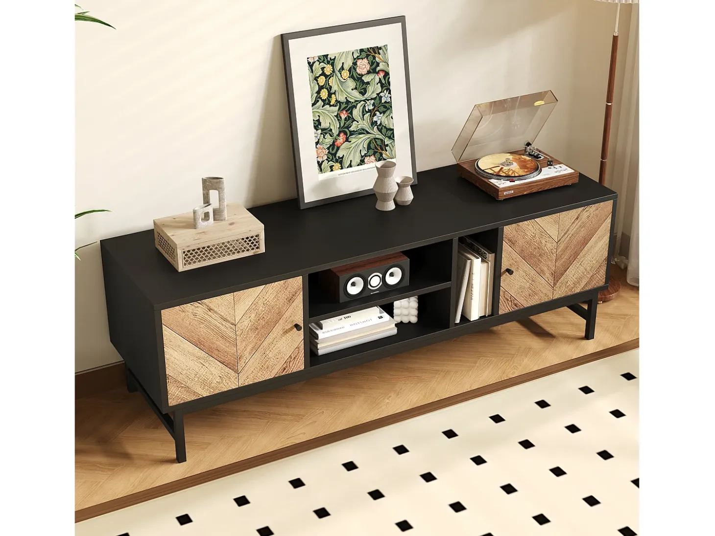 Mueble TV de 150 cm con 2 puertas y 3 compartimentos - Tablero de partículas y metal - Color negro y natural
