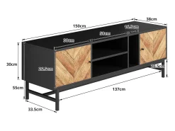 Mueble TV de 150 cm con 2 puertas y 3 compartimentos - Tablero de partículas y metal - Color negro y natural