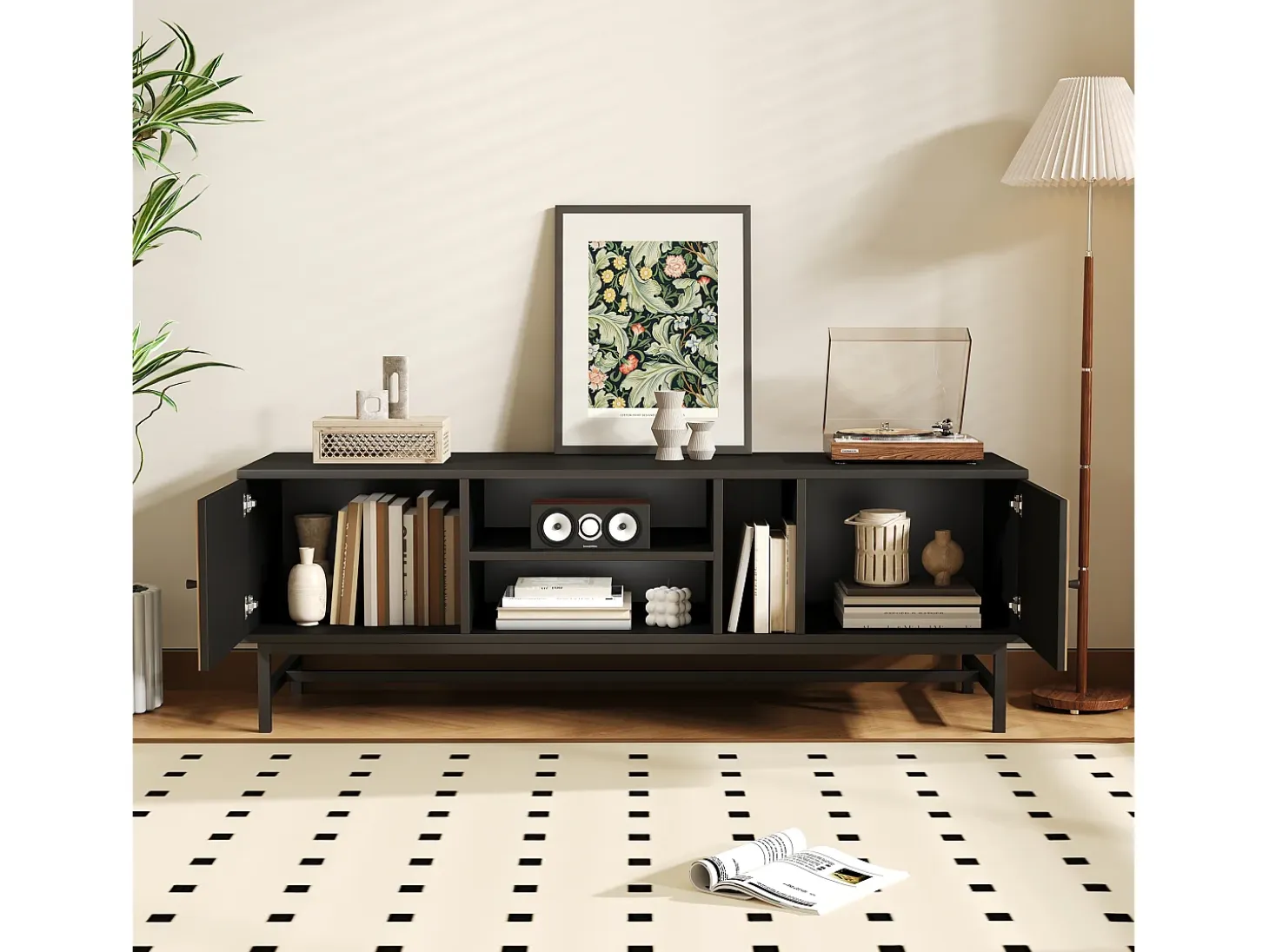 Mueble TV de 150 cm con 2 puertas y 3 compartimentos - Tablero de partículas y metal - Color negro y natural