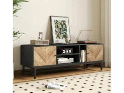 Mueble TV de 150 cm con 2 puertas y 3 compartimentos - Tablero de partículas y metal - Color negro y natural