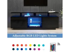 Mueble TV de 140 cm con iluminación LED en 16 colores - con mamparas de cristal - Negro