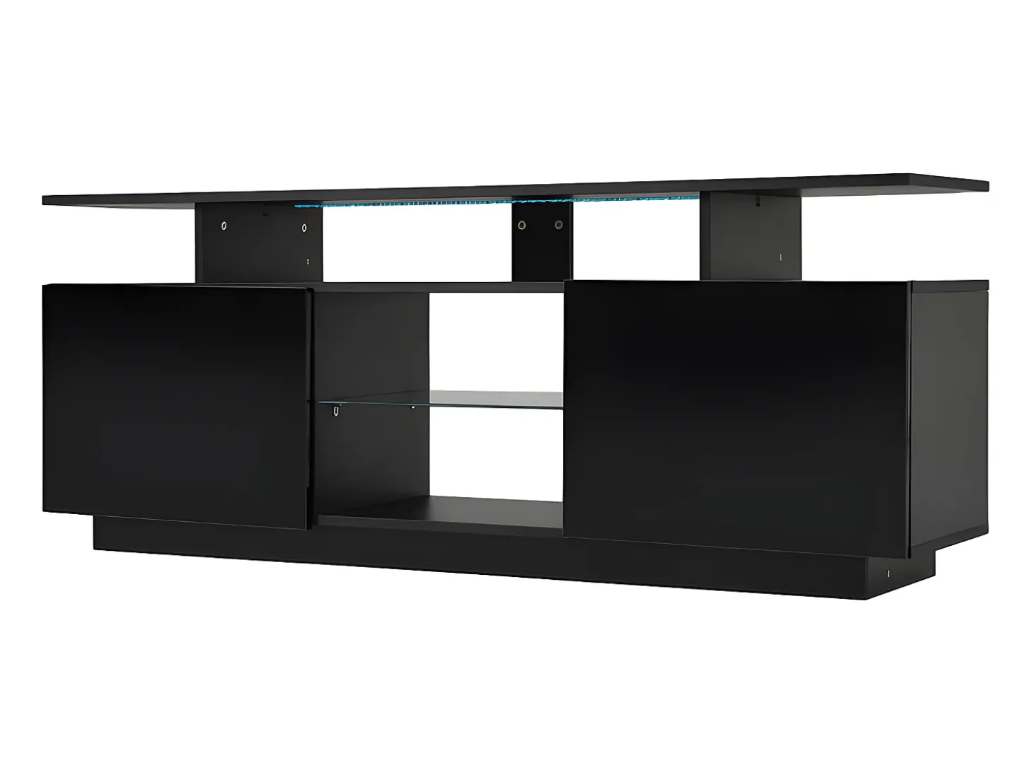 Mueble TV de 140 cm con iluminación LED en 16 colores - con mamparas de cristal - Negro