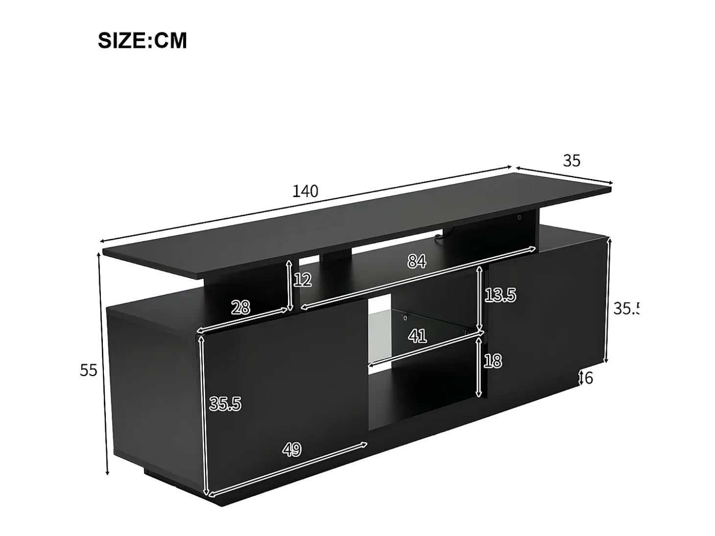 Mueble TV de 140 cm con iluminación LED en 16 colores - con mamparas de cristal - Negro