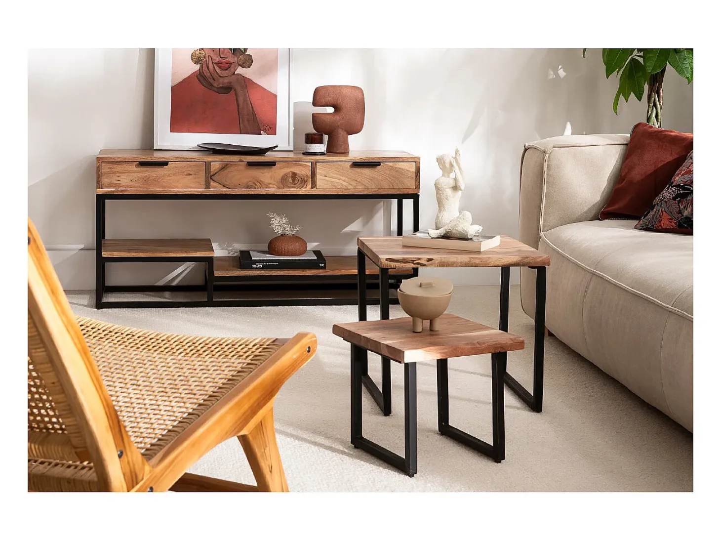 Mueble TV de acacia maciza y metal 115 cm WARREN