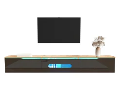 Mueble TV de pared con 3 puertas - 180 x 35 x 30 cm - LED - MDF y tablero de partículas - Negro natural y brillo