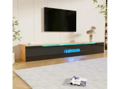 Mueble TV de pared con 3 puertas - 180 x 35 x 30 cm - LED - MDF y tablero de partículas - Negro natural y brillo