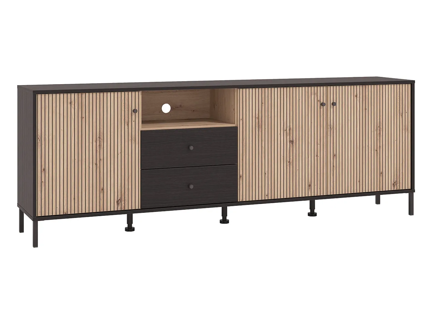 Mueble TV de 74x208x40 cm melamina y frentes alistonados color ébano y roble artisan Tania