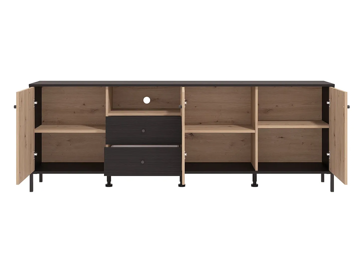 Mueble TV de 74x208x40 cm melamina y frentes alistonados color ébano y roble artisan Tania
