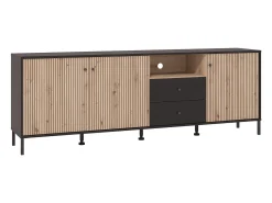 Mueble TV de 74x208x40 cm melamina y frentes alistonados color ébano y roble artisan Tania