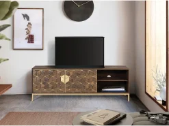Mueble tv en madera de mango y detalles dorados