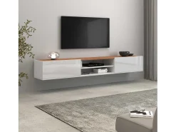 Mueble TV Garda con 2 puertas y 1 estante central blanco brillo y roble 210x35x30 cm