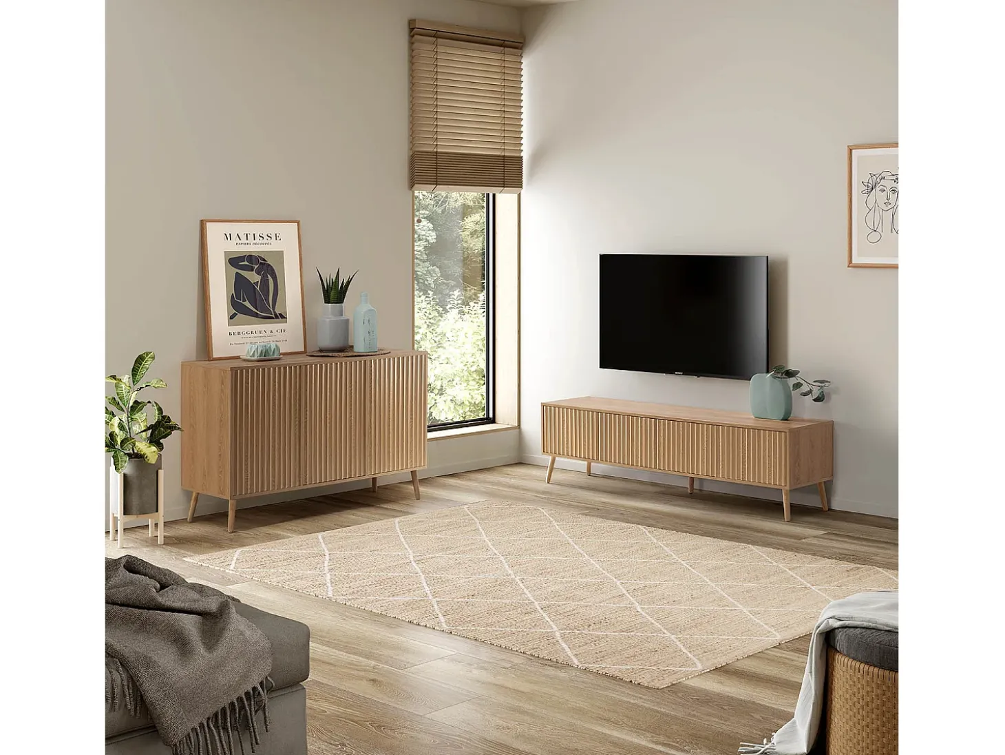 Mueble tv Lluvia 4 puertas color roble, 160 cm largo