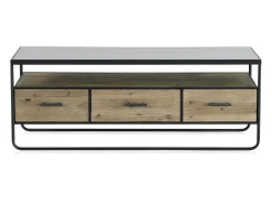 Mueble TV madera de abeto y hierro con encimera de cristal fumé