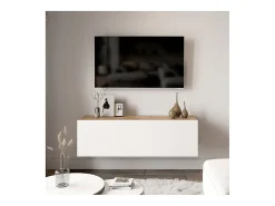 Mueble TV Moderno con Puerta en Melamina Color Blanco y Cambria 100x31.5x29.6cm - Diseño Elegante para Salón.