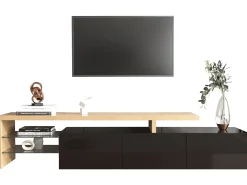 Mueble TV moderno de 2m con 3 puertas y 2 compartimentos de cristal - Black & Natural