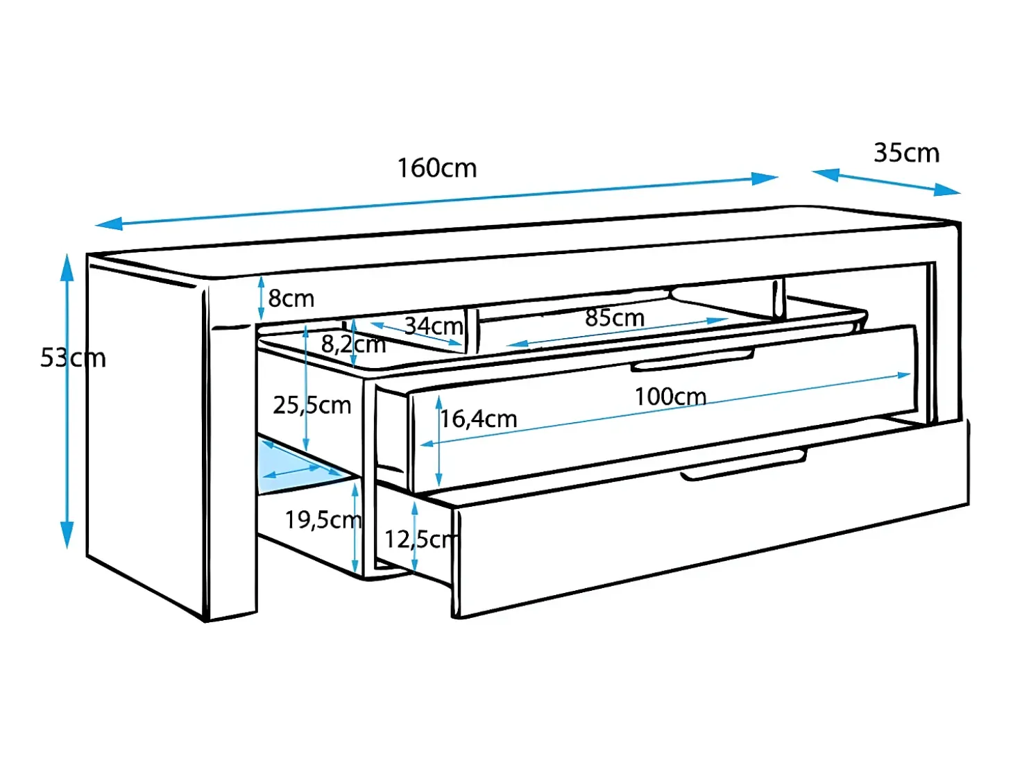 Mueble TV para Salón comedor en Blanco con LED 160x35x53cm Selma