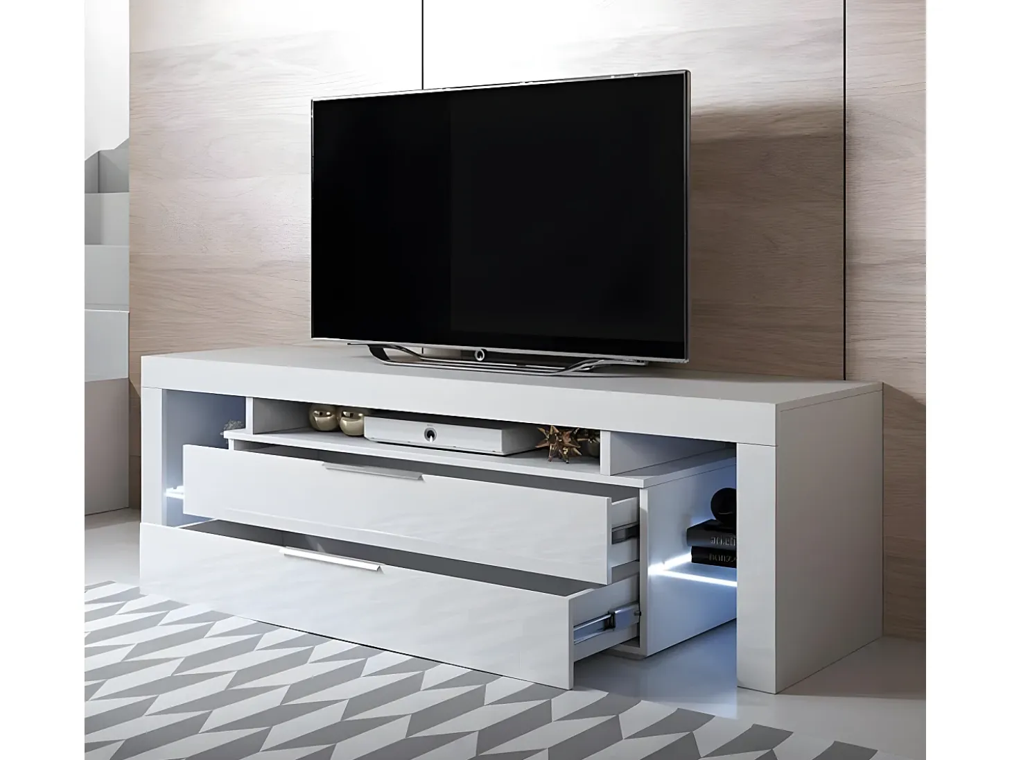 Mueble TV para Salón comedor en Blanco con LED 160x35x53cm Selma