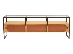 Mueble TV rectangular con almacenaje de madera maciza de mango, cristal y metal negro 150 cm DIYA