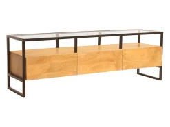 Mueble TV rectangular con almacenaje de madera maciza de mango, cristal y metal negro 150 cm DIYA