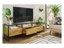 Mueble TV rectangular con almacenaje de madera maciza de mango, cristal y metal negro 150 cm DIYA