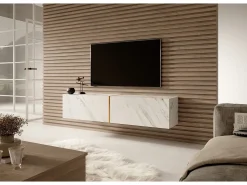 Mueble TV suspendido con efecto - Mármol Blanco Egger / Oro - 140 cm - Bisira