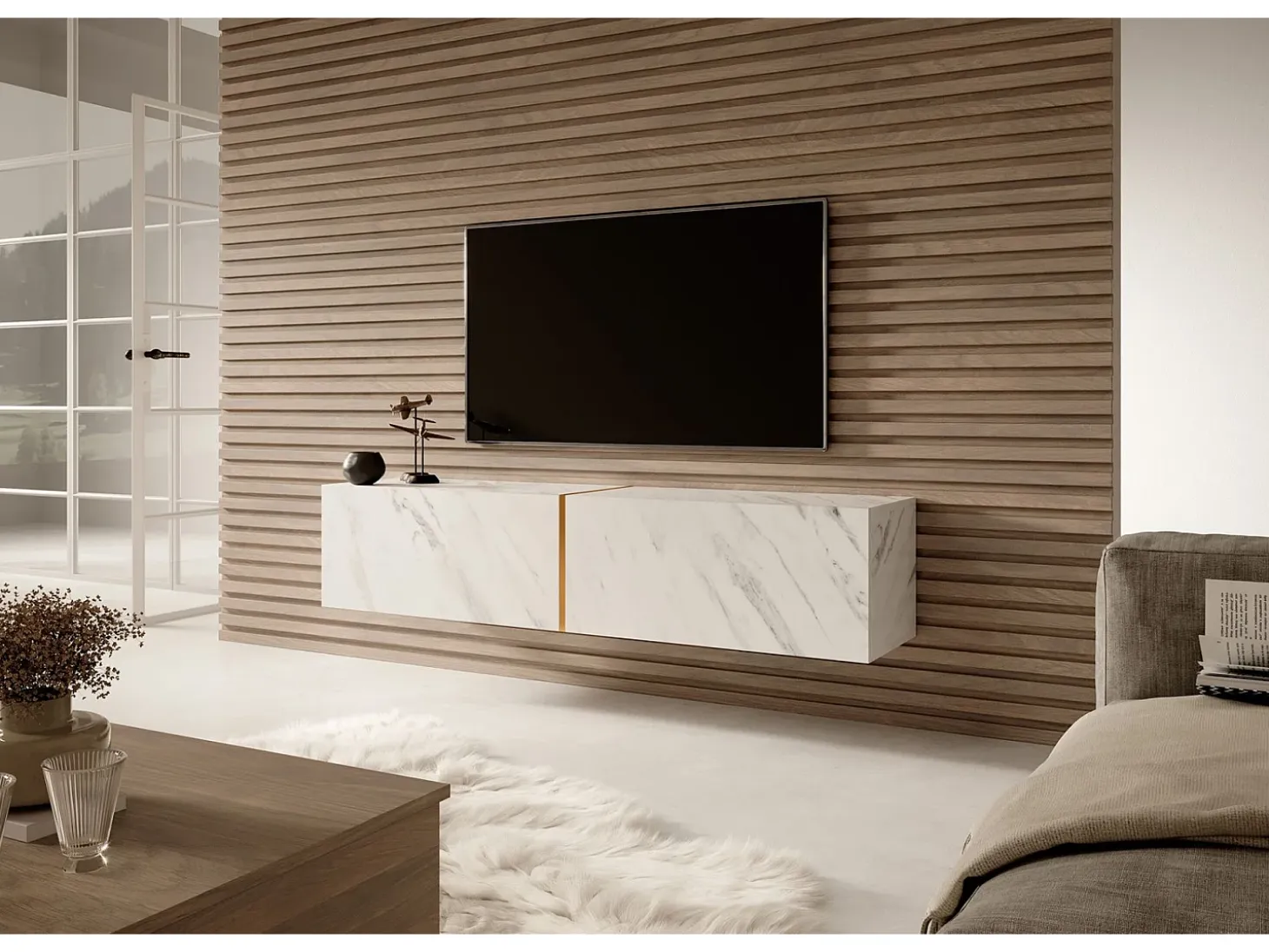 Mueble TV suspendido con efecto - Mármol Blanco Egger / Oro - 140 cm - Bisira